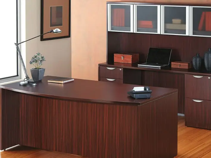 Executive desk with a hutch and storage in a mahogany finish