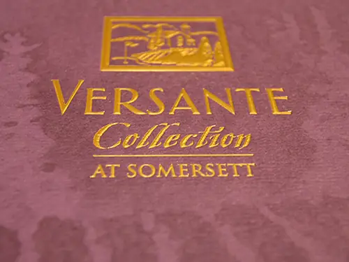 Versante Collection at Somersett cover with gold foil stamping on textured purple stock
