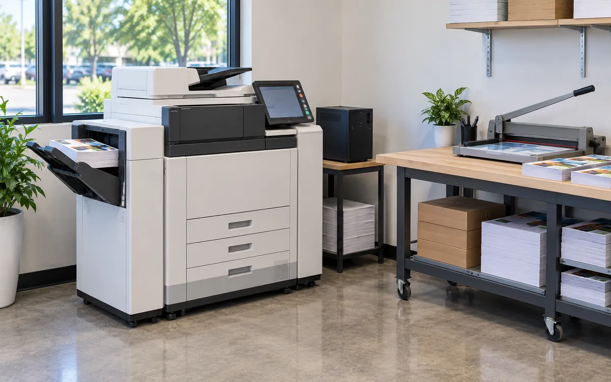 Canon imagePRESS C650 color production copier beside a work table with a paper cutter