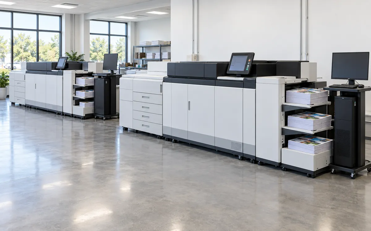 Two Canon imagePRESS V1000 production presses side by side, each with a Fiery print server workstation