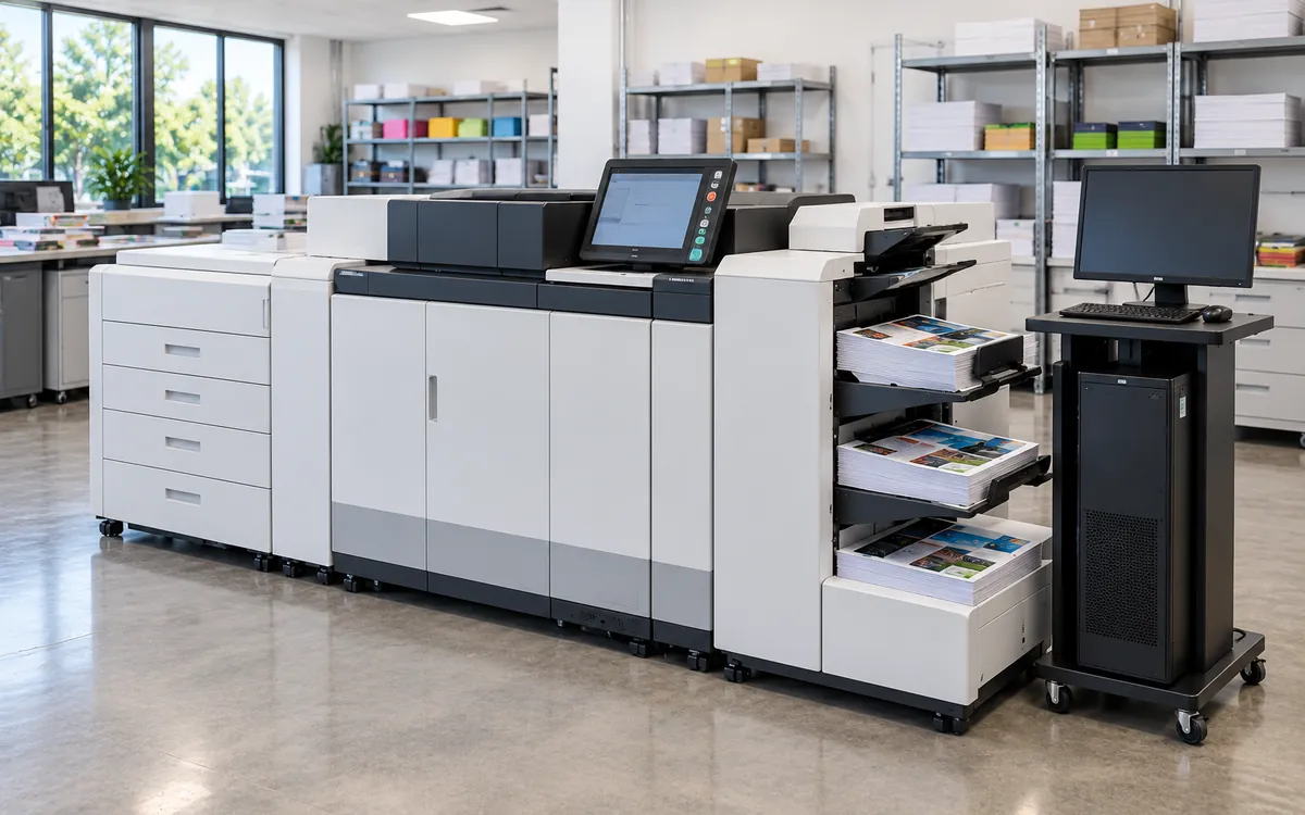 Canon imagePRESS V800 production press with a Fiery print server workstation beside it