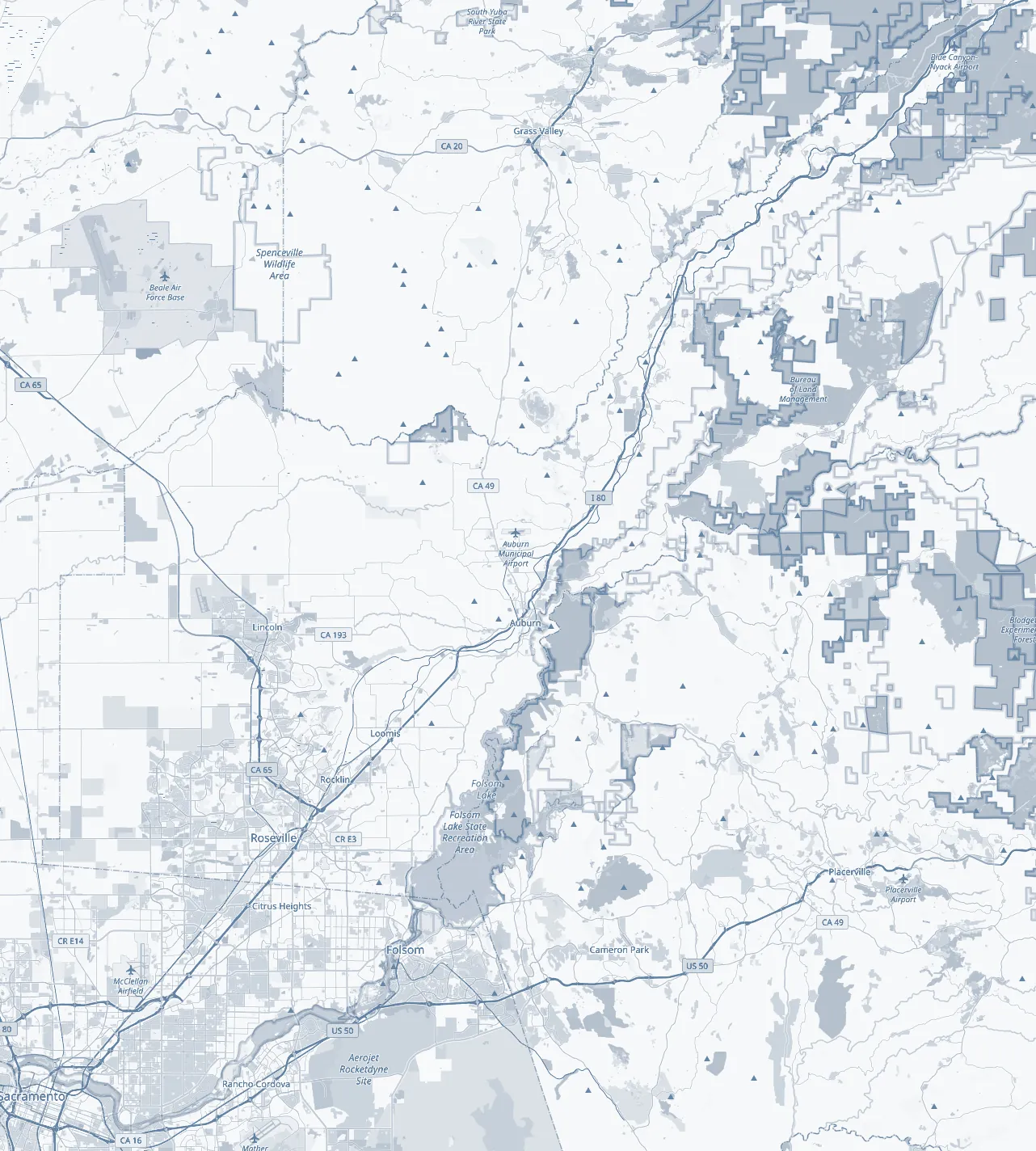 Map of the four Sierra locations: Sacramento, Auburn, Placerville and Grass Valley