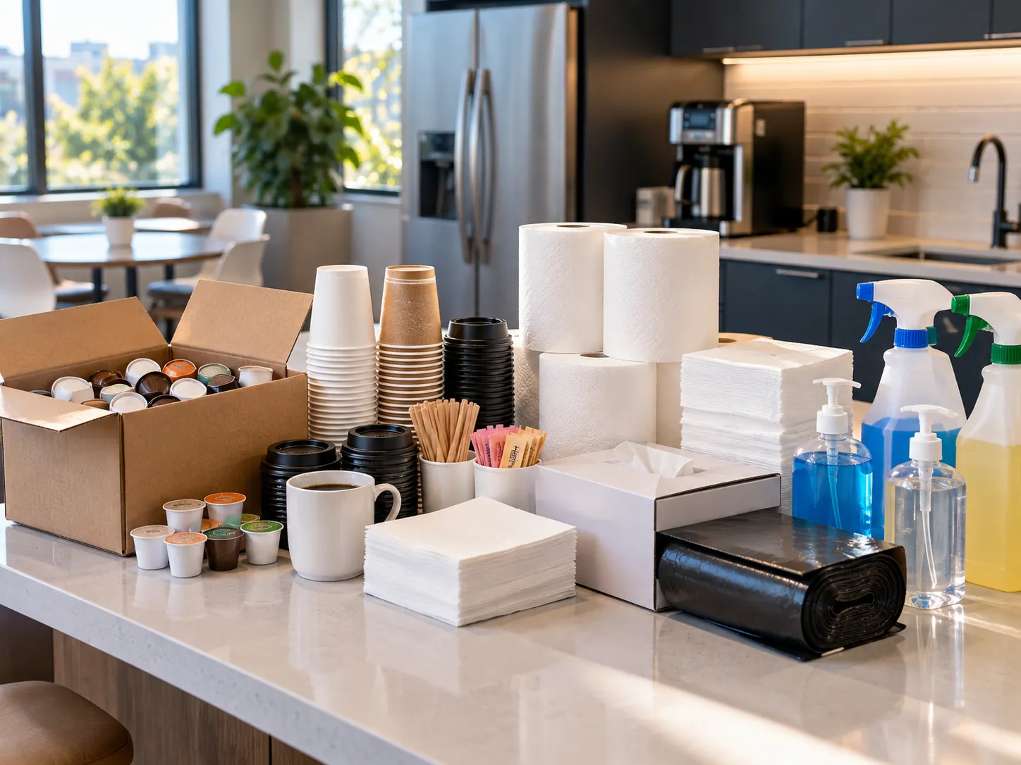 Coffee pods, cups, paper towels, napkins, trash-can liners, hand soap and cleaning sprays on a breakroom counter