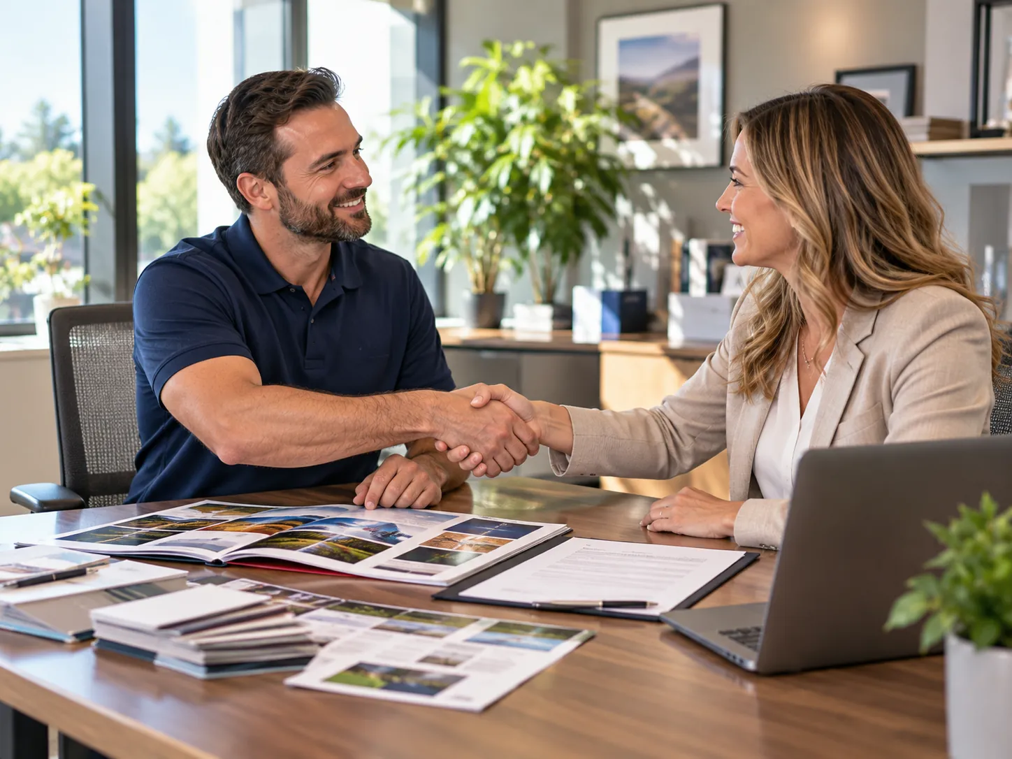 A Sierra account executive shaking hands with a client over print samples and a quote