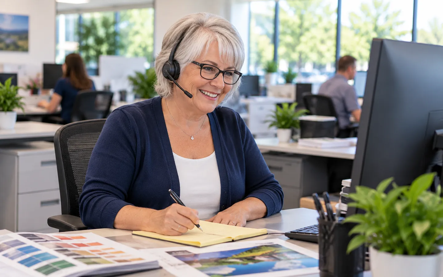 A Sierra customer service representative smiling on a headset call while taking notes at her desk