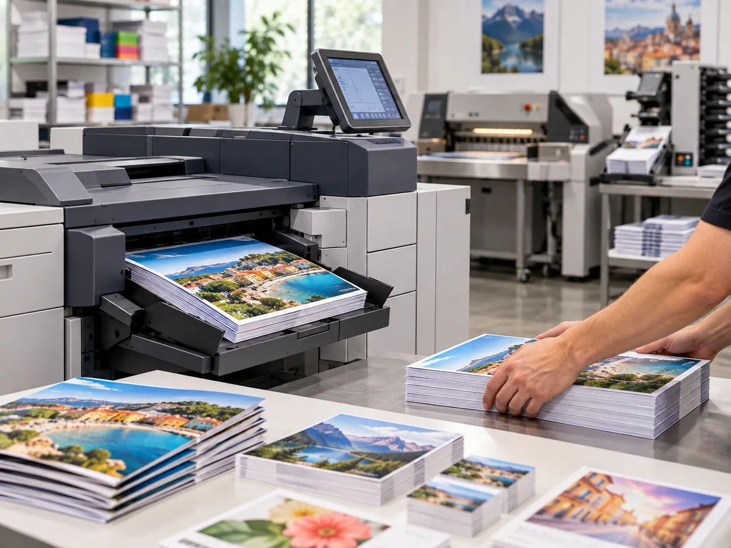 Full-color prints coming off a production digital press