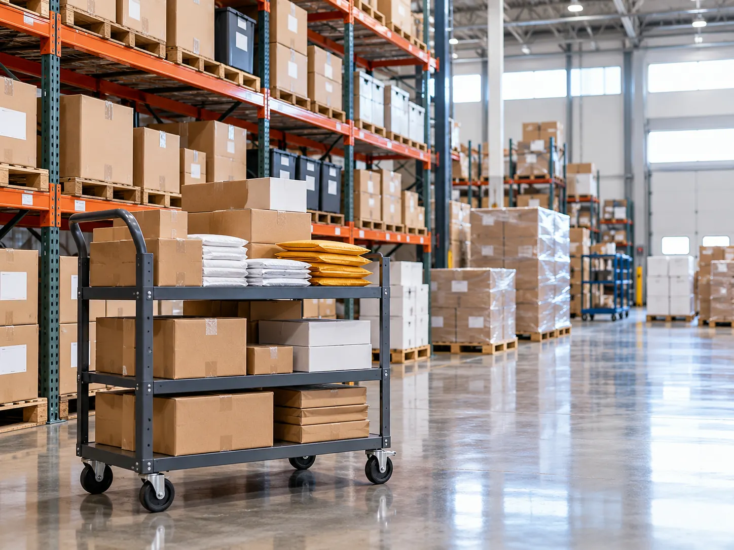 A warehouse order cart of packed boxes and mailers in front of shelving stocked with labeled inventory