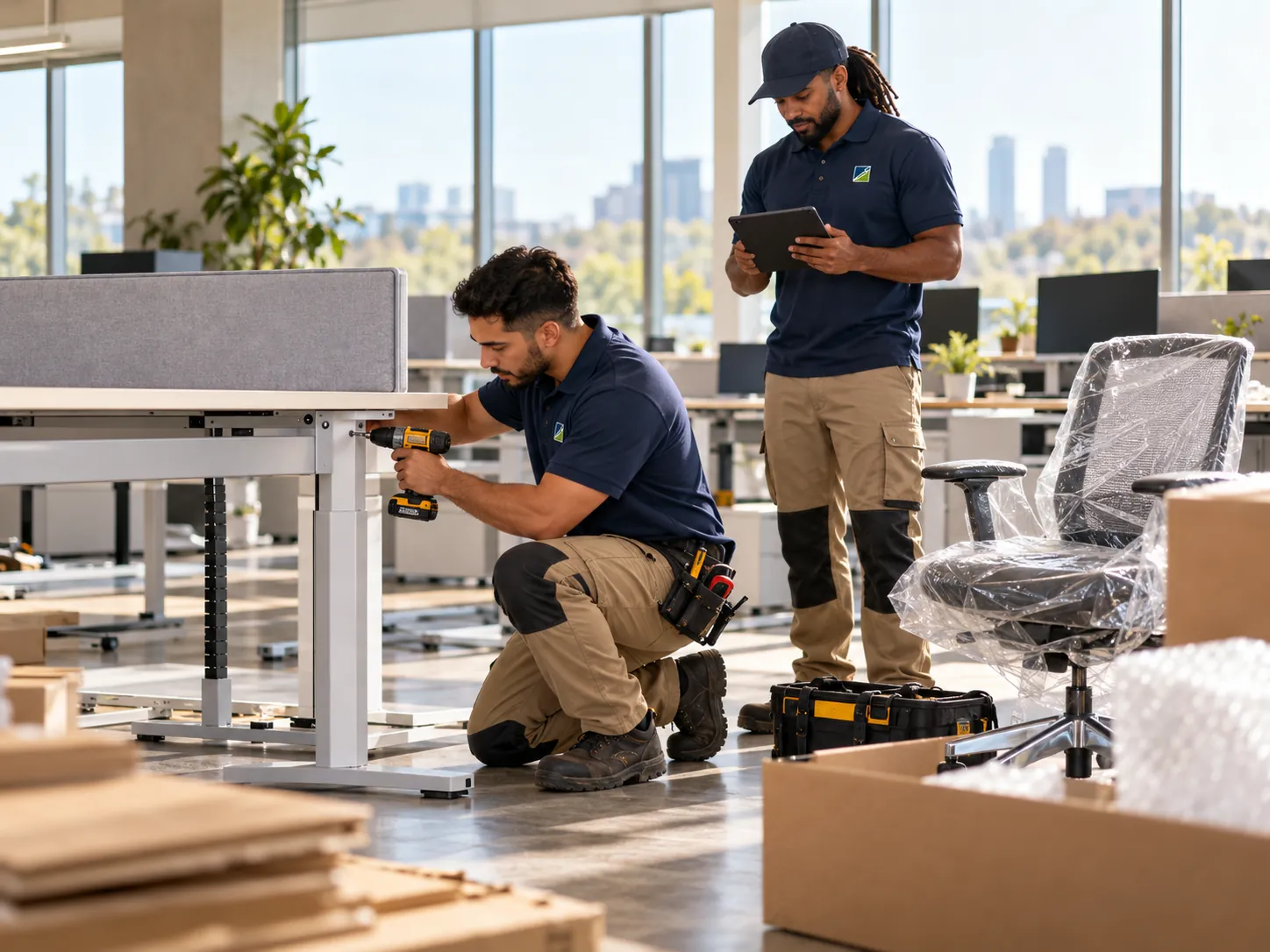 Two Sierra installers fitting a height-adjustable desk in an open-plan office, with a new task chair still in its wrap