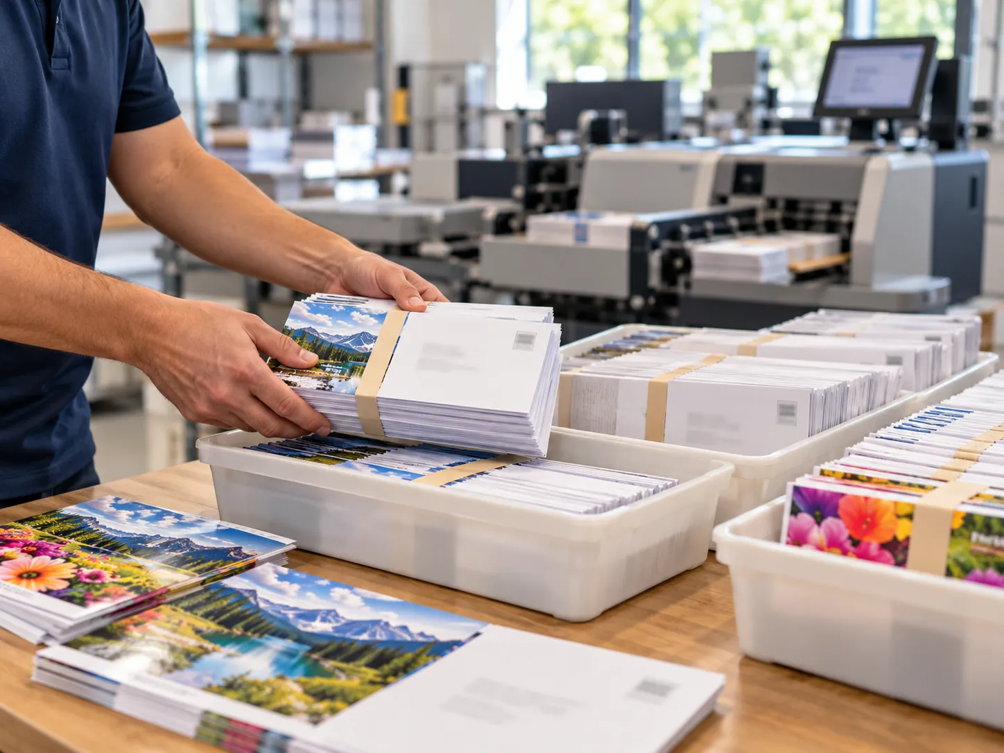 Banded bundles of addressed postcards going into mail trays, with an addressing machine behind