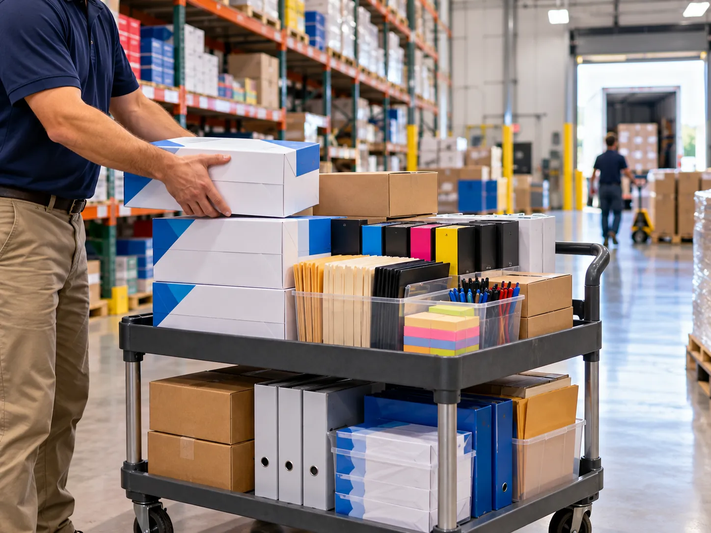 Warehouse worker loading copy paper onto a cart of boxed office supplies