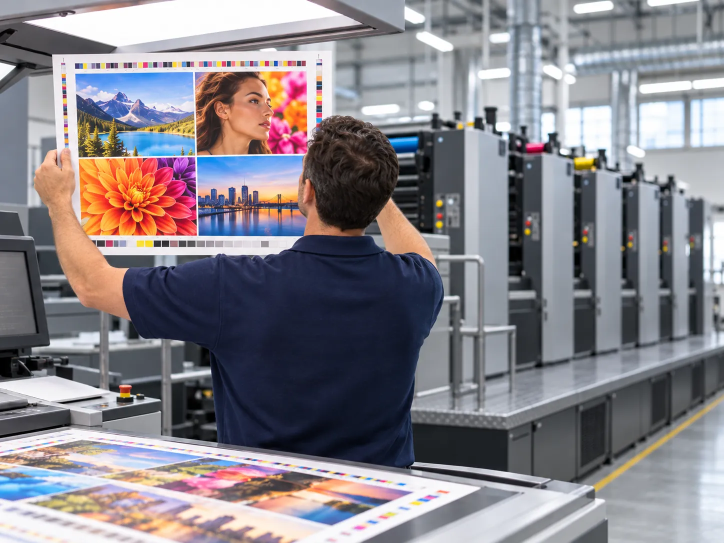 Pressman holding a printed sheet up to the light beside a row of offset press units