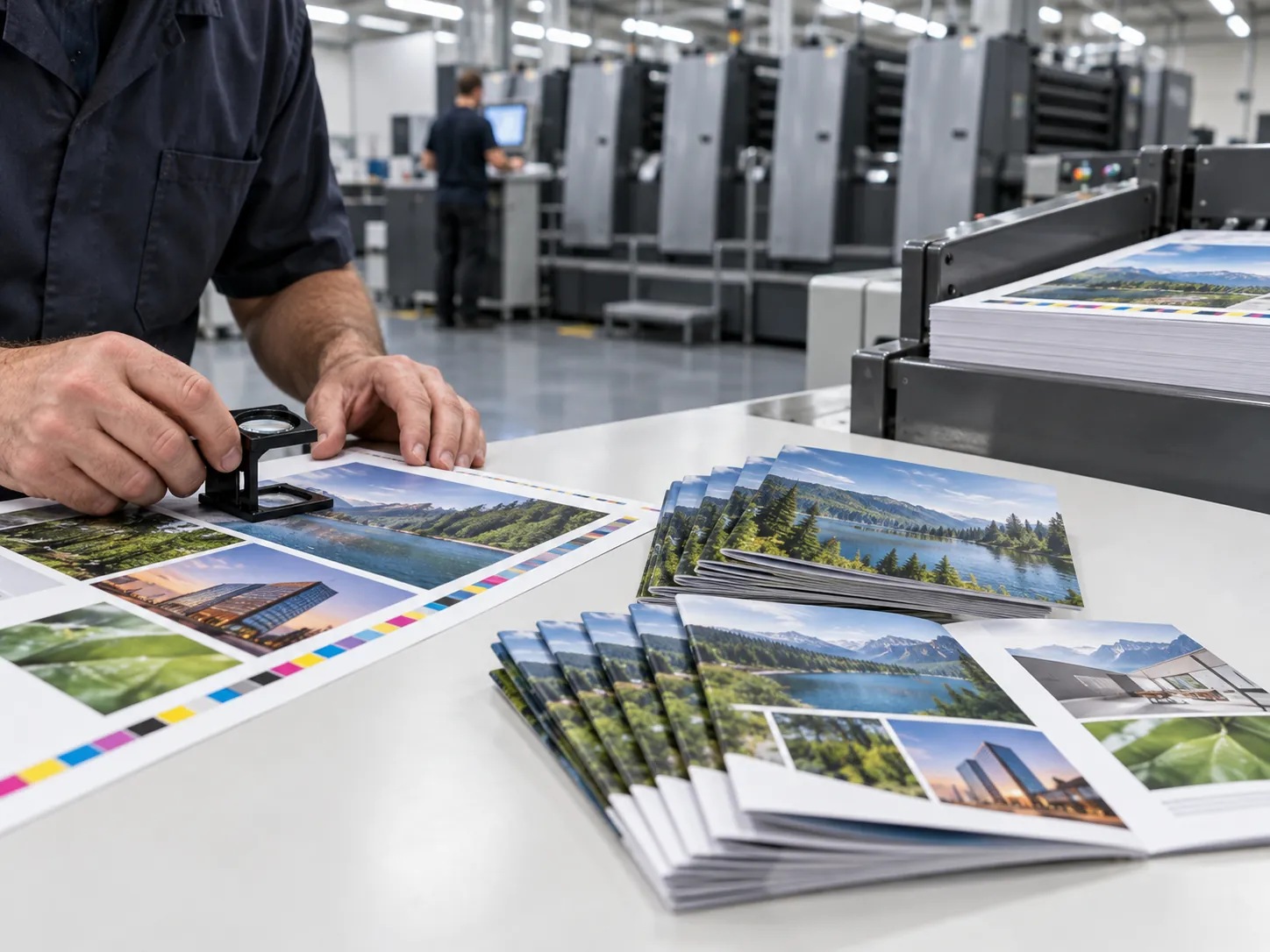 Press operator checking a printed sheet with a loupe beside stacks of finished brochures