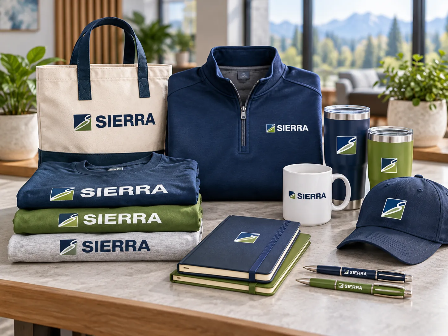 Sierra-branded tees, quarter-zip, tote bag, tumblers, mug, cap, notebooks and pens on a display table
