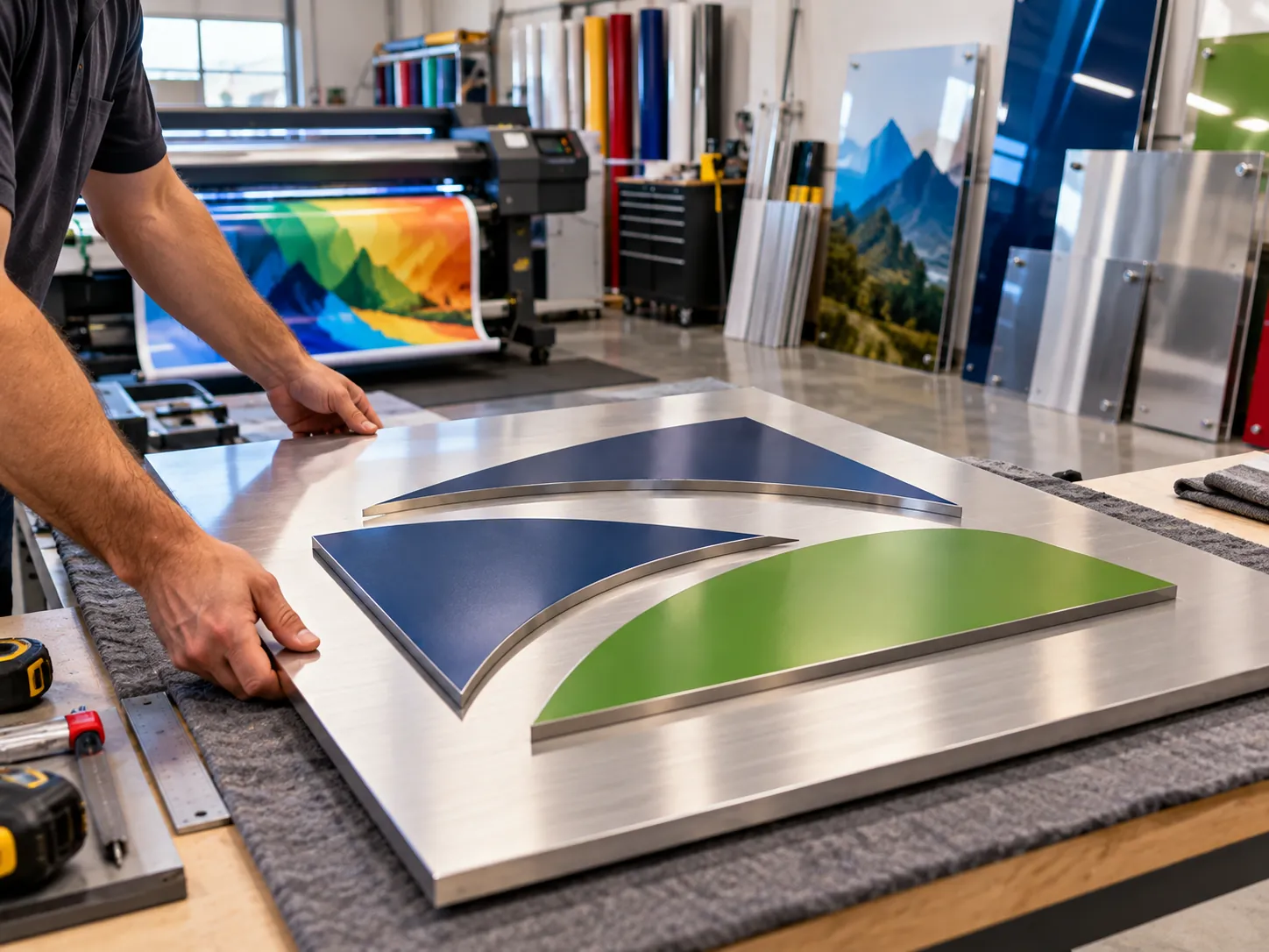Sign maker fitting navy and green dimensional shapes to a brushed-aluminum sign panel, with a wide-format printer behind